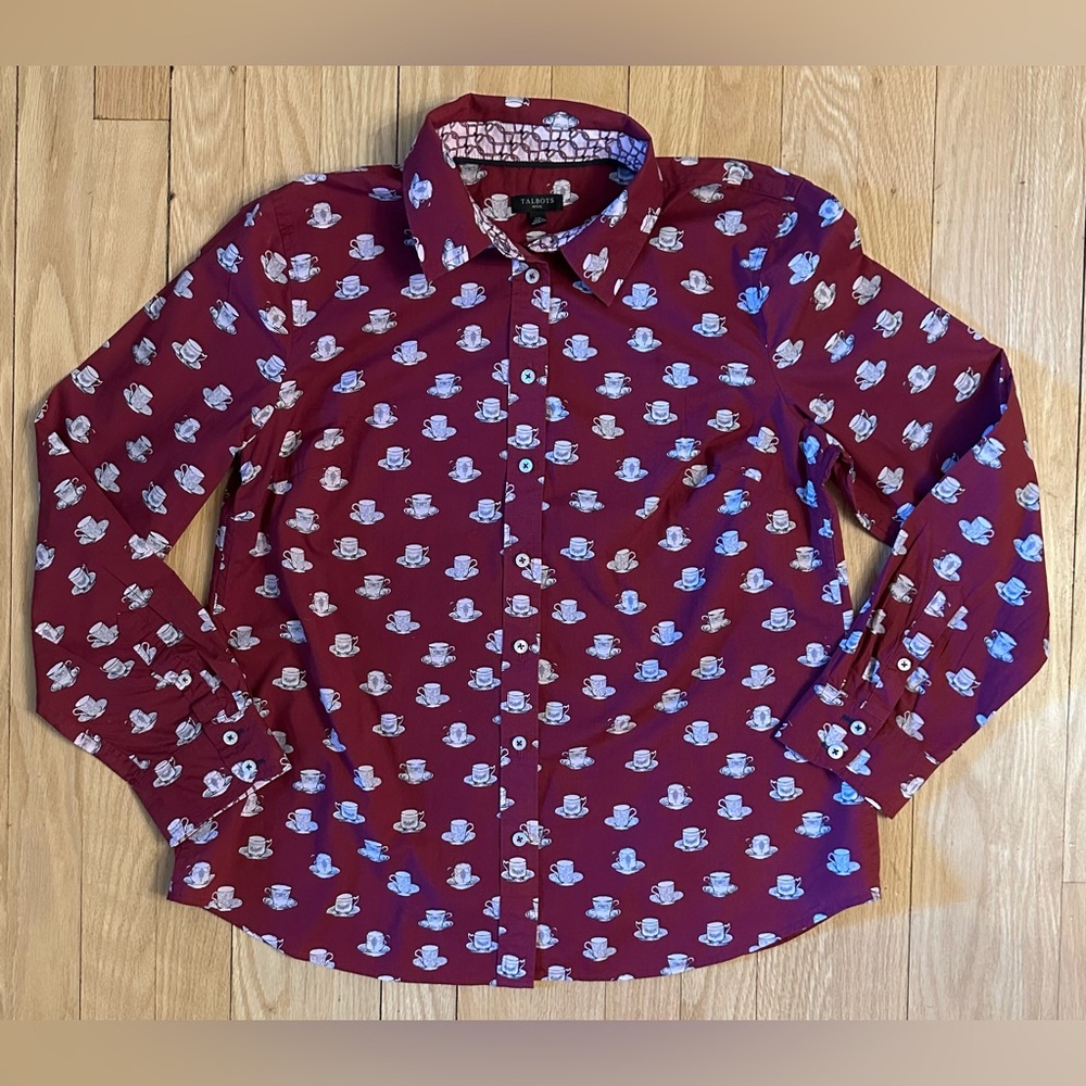 TALBOTS Women’s Button Front Long-Sleeved Shirt, Burgundy, Tea Time, Med Petite